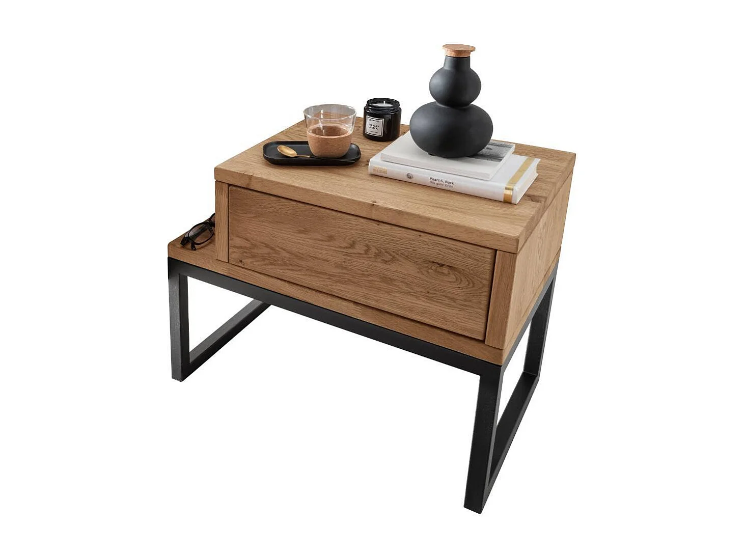 Nachttischschrank Schlaftisch aus Wildeiche Massivholz und Metall