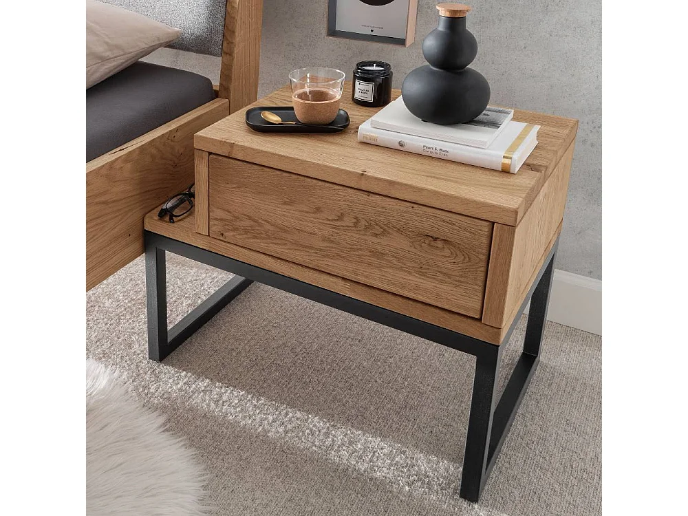 Nachttischschrank Schlaftisch aus Wildeiche Massivholz und Metall