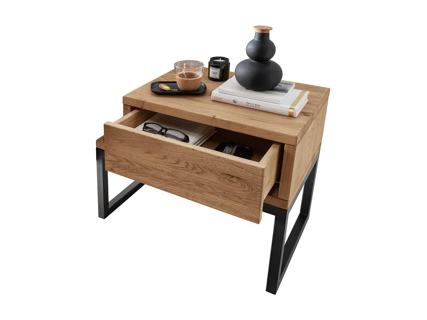 Nachttischschrank Schlaftisch aus Wildeiche Massivholz und Metall