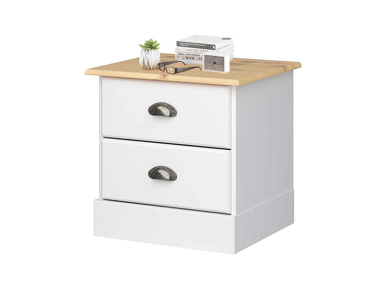 Nachtkommode in Weiß und Kieferfarben zwei Schubladen