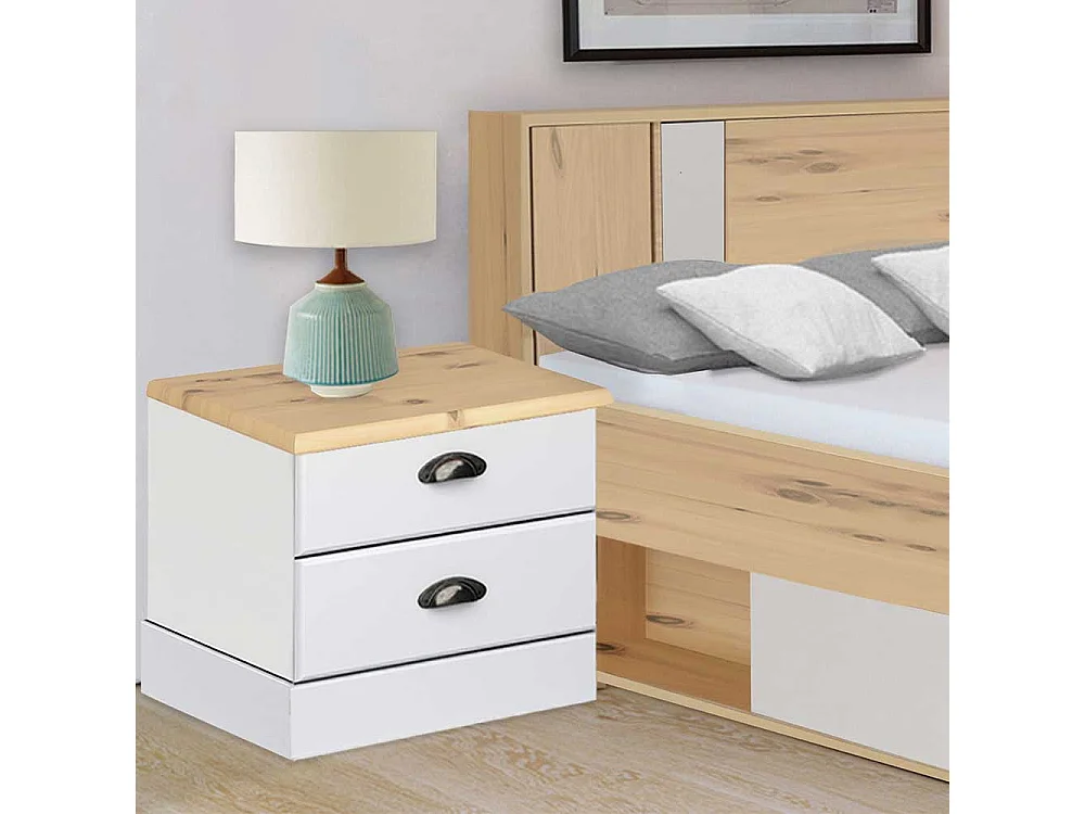 Nachtkommode in Weiß und Kieferfarben zwei Schubladen