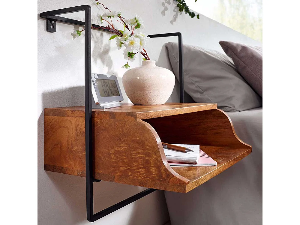 Nachtkommode aus Mangobaum Massivholz und Metall zur Wandmontage