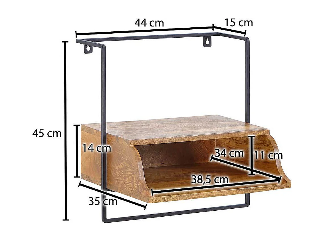 Nachtkommode aus Mangobaum Massivholz und Metall zur Wandmontage