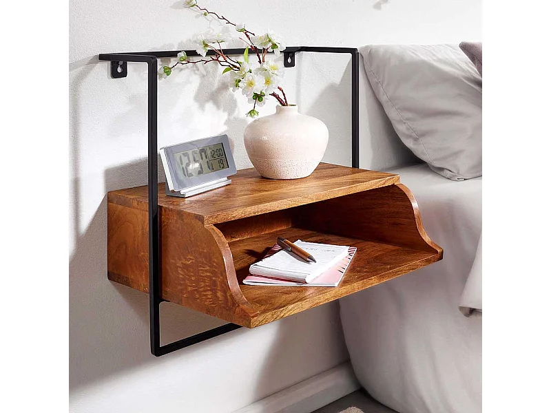 Nachtkommode aus Mangobaum Massivholz und Metall zur Wandmontage