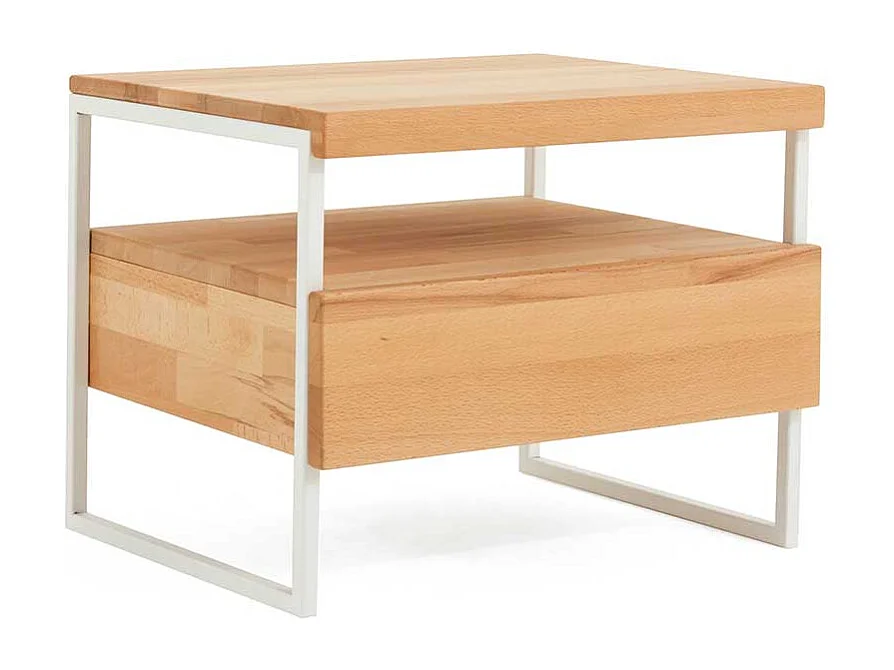 Nachtkommode aus Kernbuche Massivholz Metall Weiß