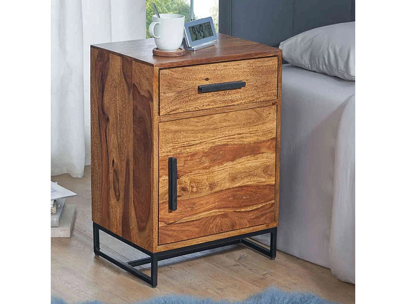 Nachtschränkchen Industriestil aus Sheesham Massivholz Metall