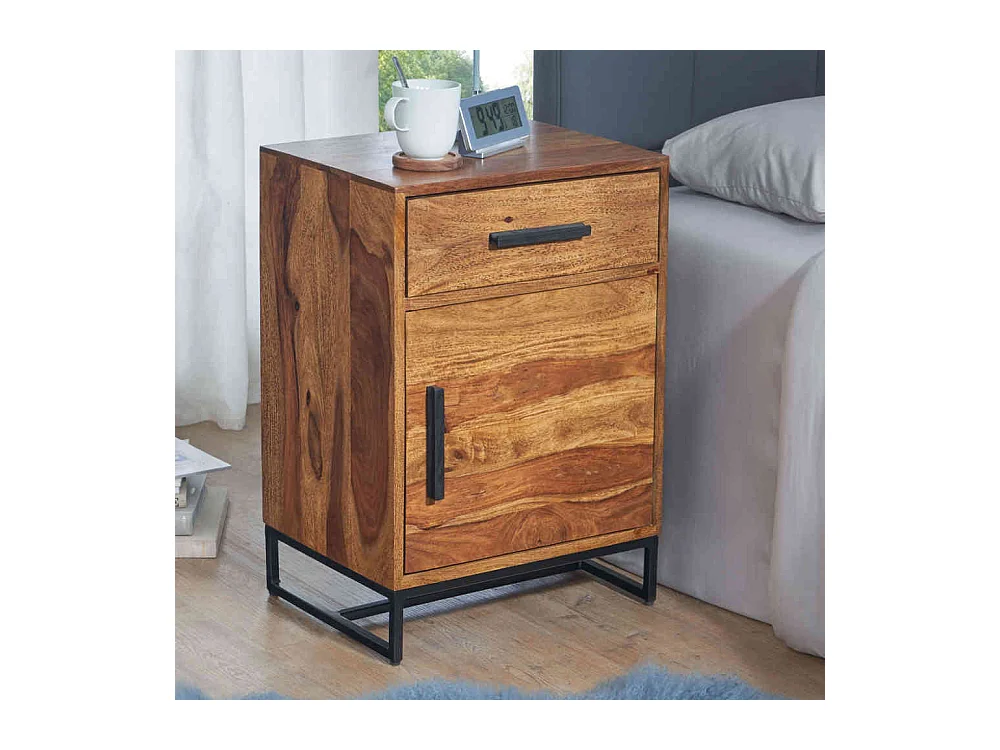 Nachtschränkchen Industriestil aus Sheesham Massivholz Metall