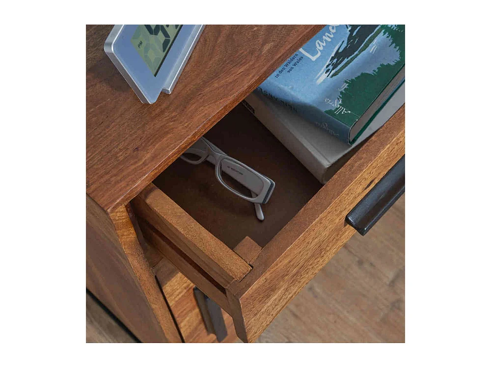 Nachtschränkchen Industriestil aus Sheesham Massivholz Metall