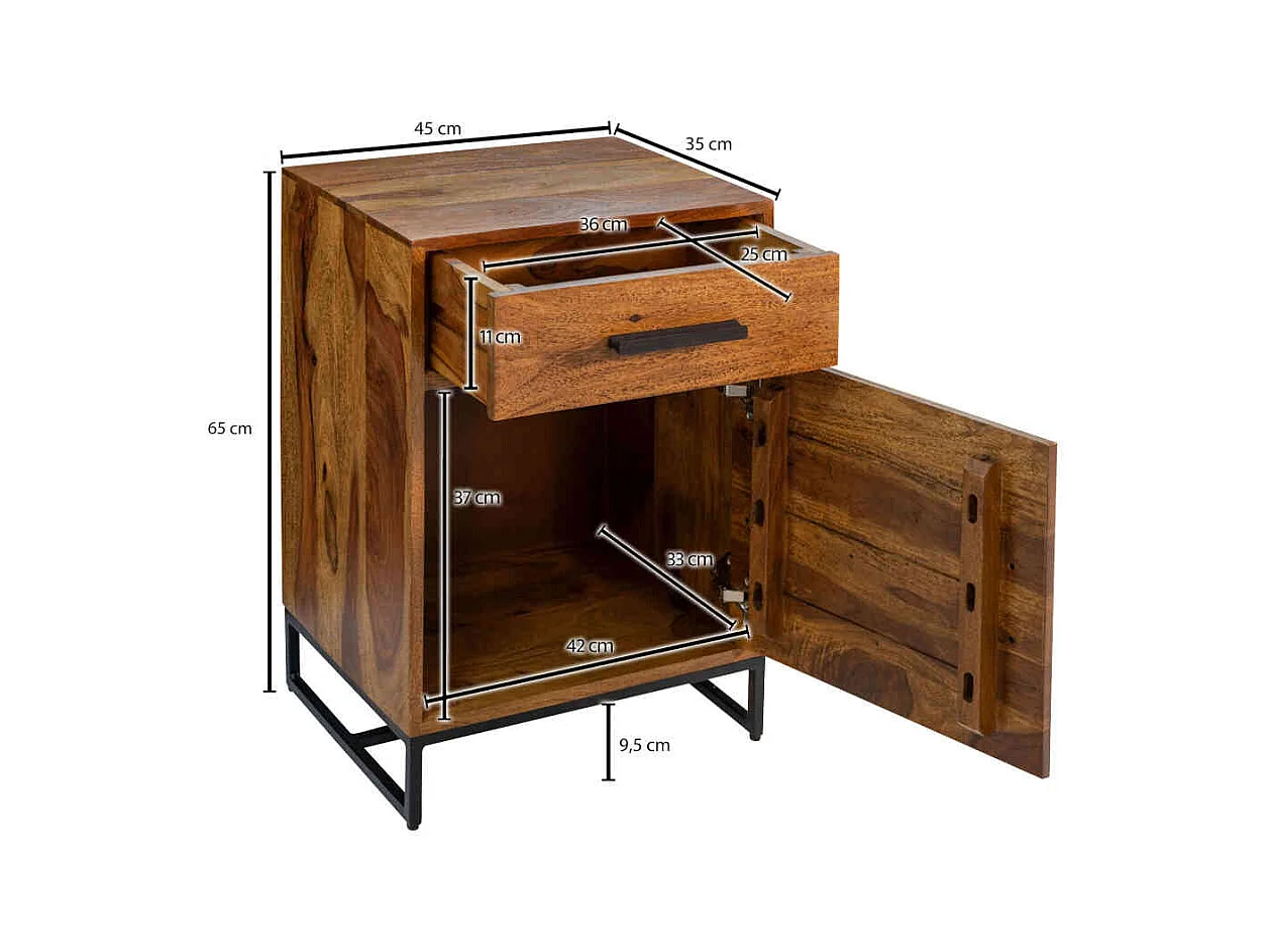 Nachtschränkchen Industriestil aus Sheesham Massivholz Metall