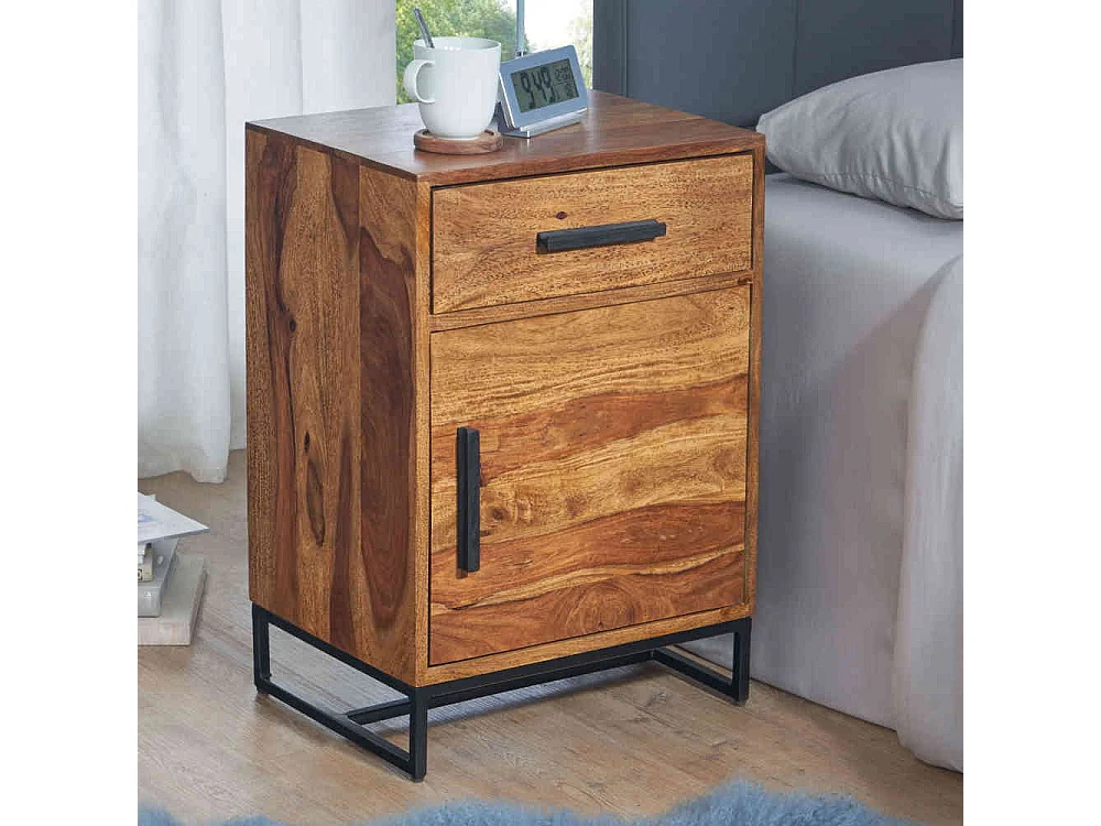 Nachtschränkchen Industriestil aus Sheesham Massivholz Metall