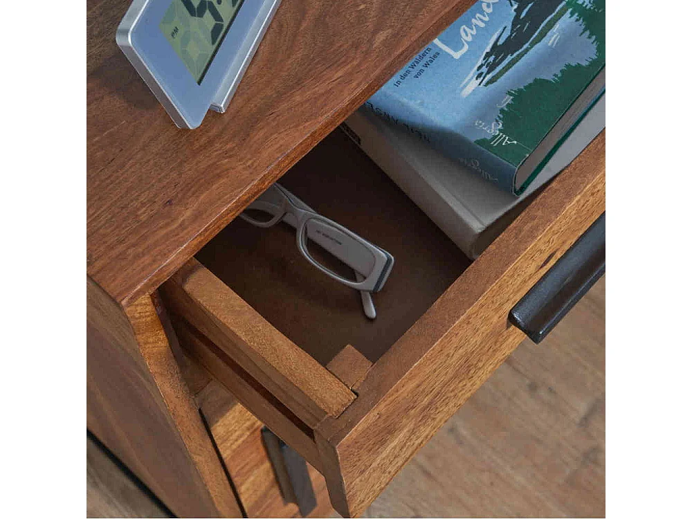 Nachtschränkchen Industriestil aus Sheesham Massivholz Metall