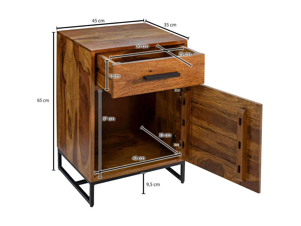 Nachtschränkchen Industriestil aus Sheesham Massivholz Metall