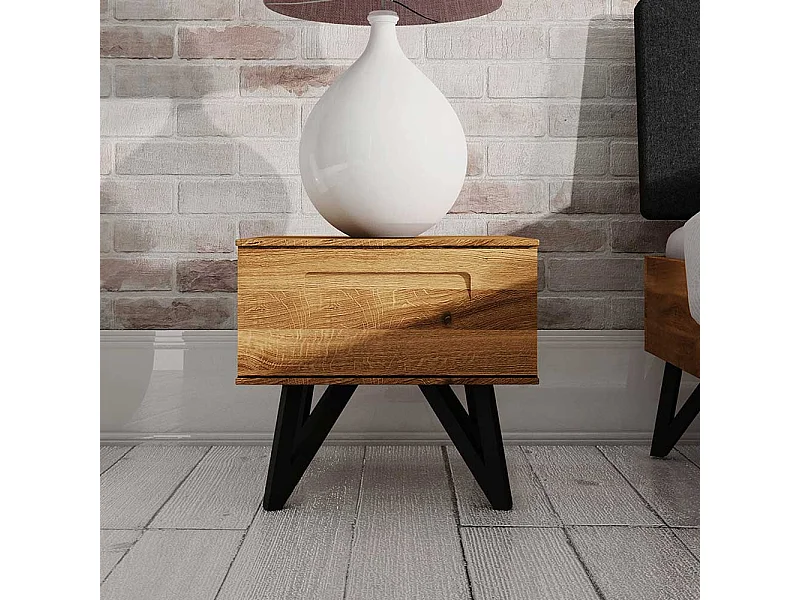 Nachttisch Kommode aus Wildeiche Massivholz und Stahl 45 cm breit