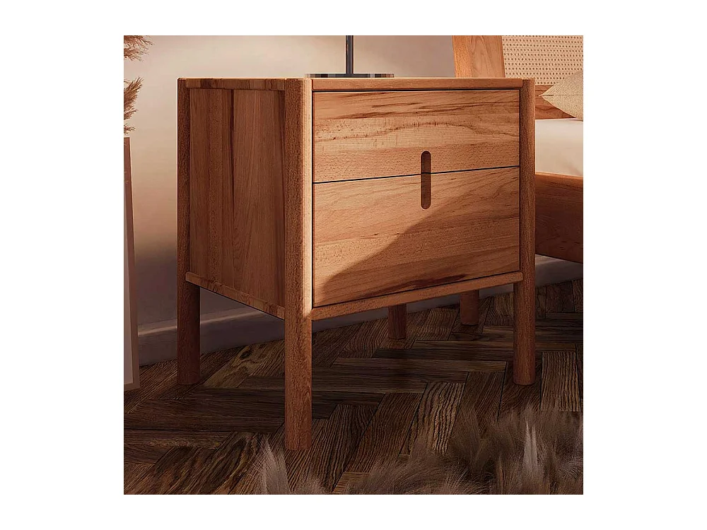 Bettkommode 64 cm hoch mit zwei Schubladen Wildbuche Massivholz