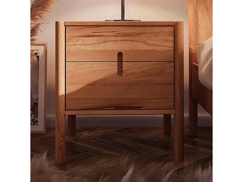 Bettkommode 64 cm hoch mit zwei Schubladen Wildbuche Massivholz
