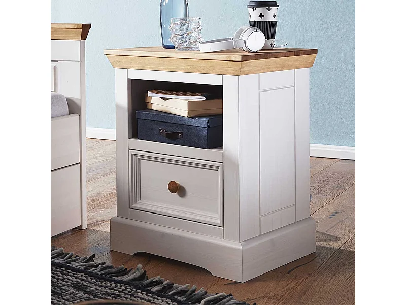 Nachtschrank in Weiß und Eichefarben Kiefer Massivholz