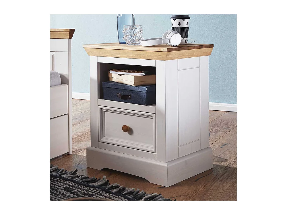 Nachtschrank in Weiß und Eichefarben Kiefer Massivholz