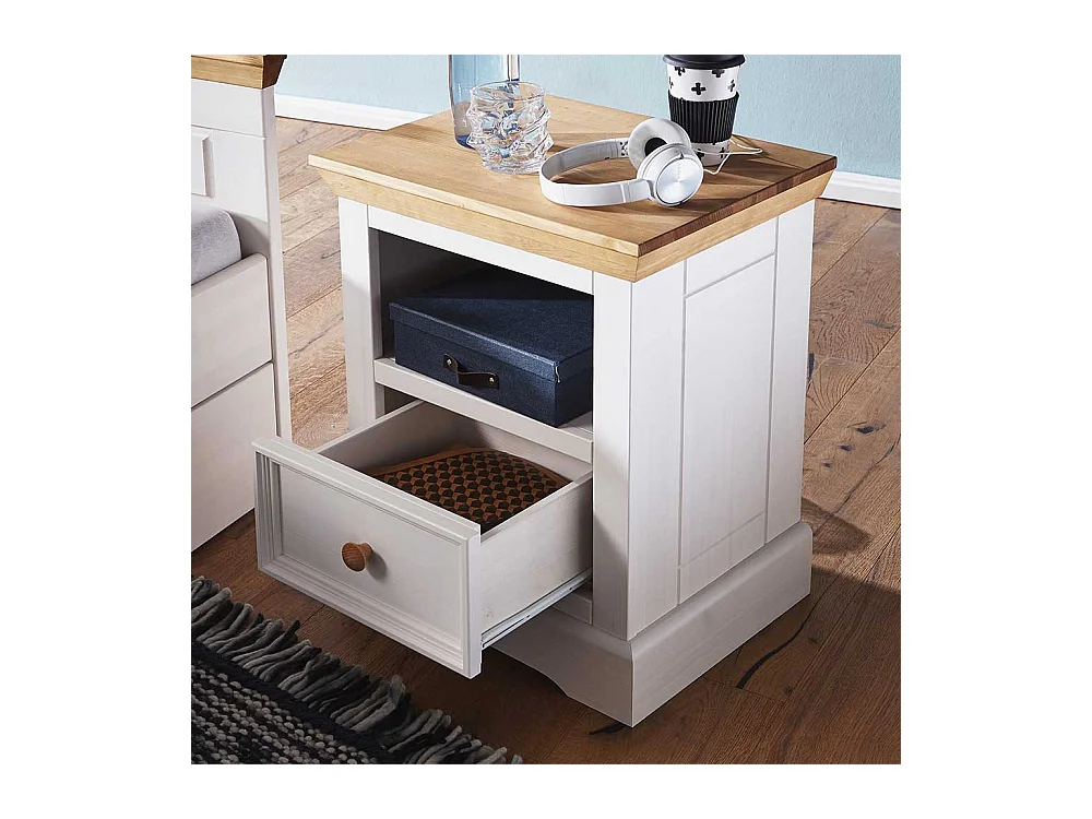 Nachtschrank in Weiß und Eichefarben Kiefer Massivholz