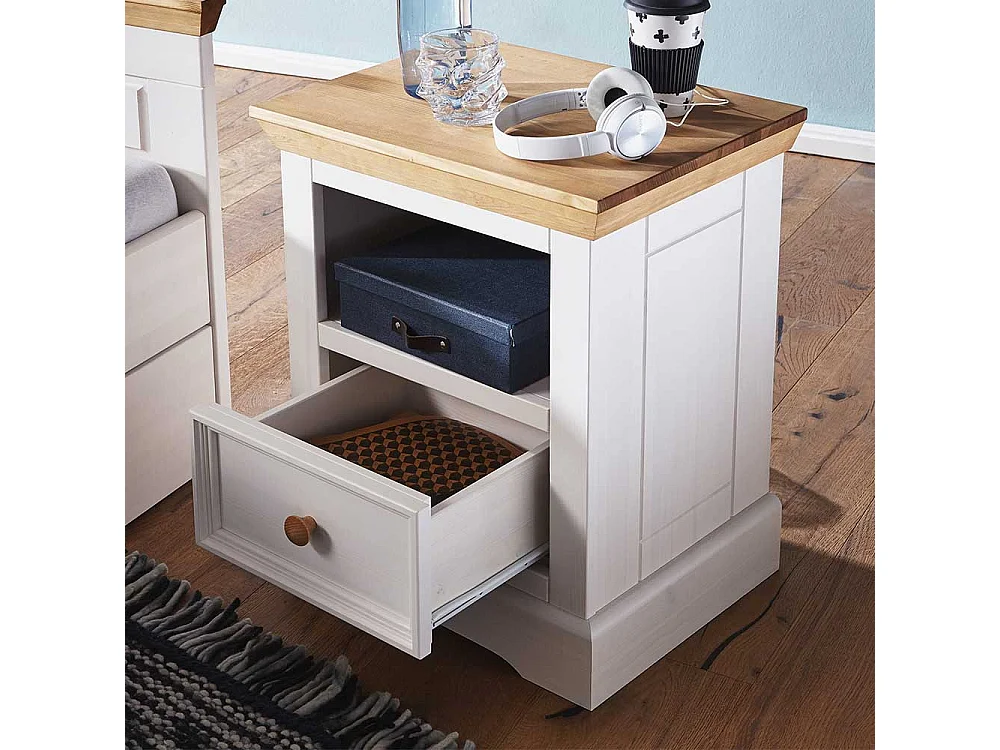 Nachtschrank in Weiß und Eichefarben Kiefer Massivholz