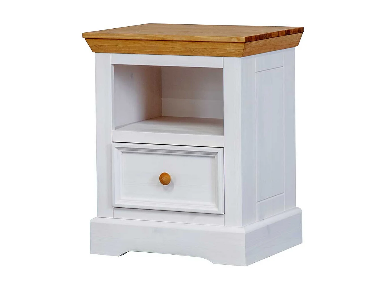 Nachtschrank in Weiß und Eichefarben Kiefer Massivholz