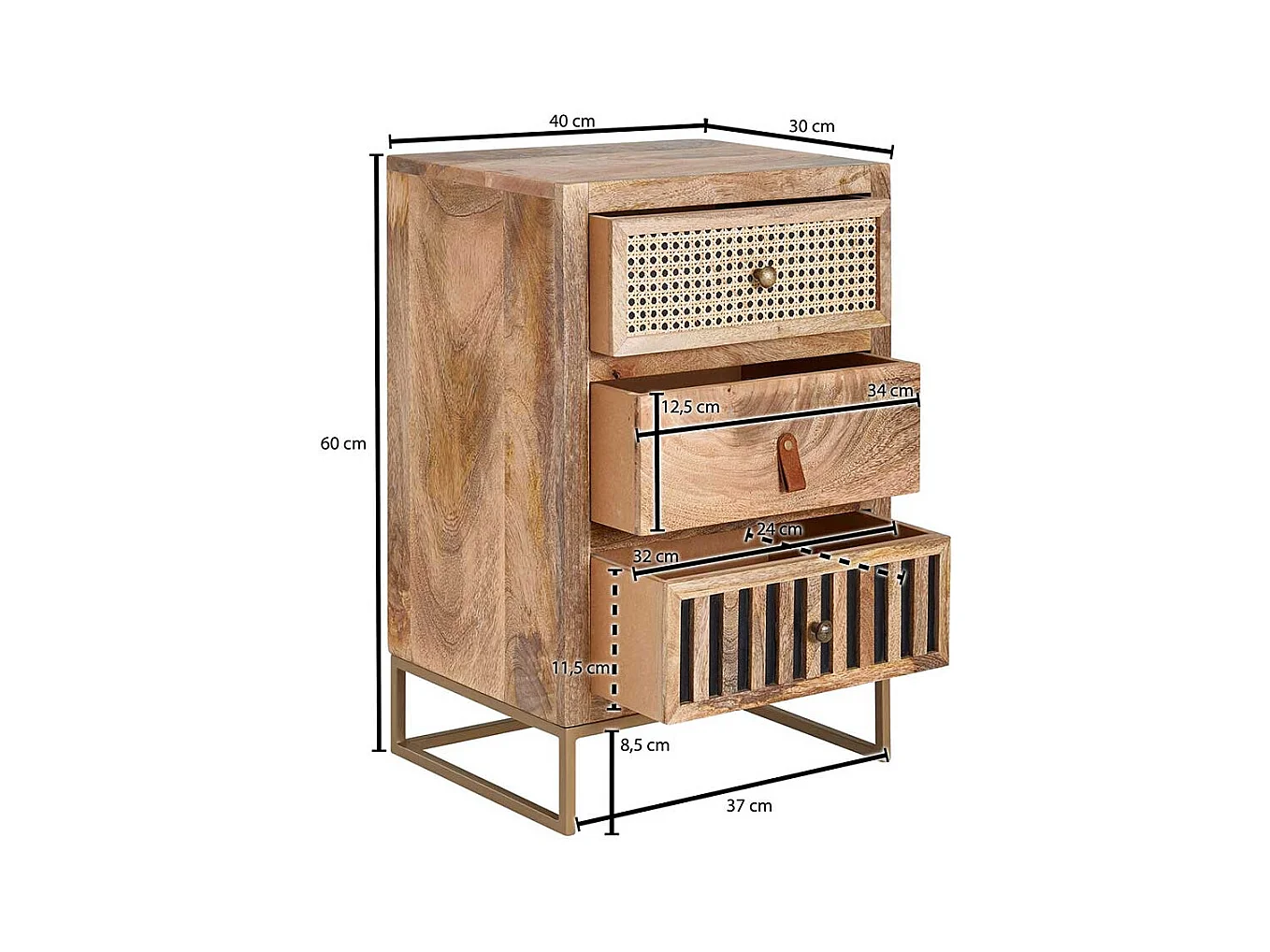Nachttischschrank aus Mangobaum Massivholz drei Schubladen