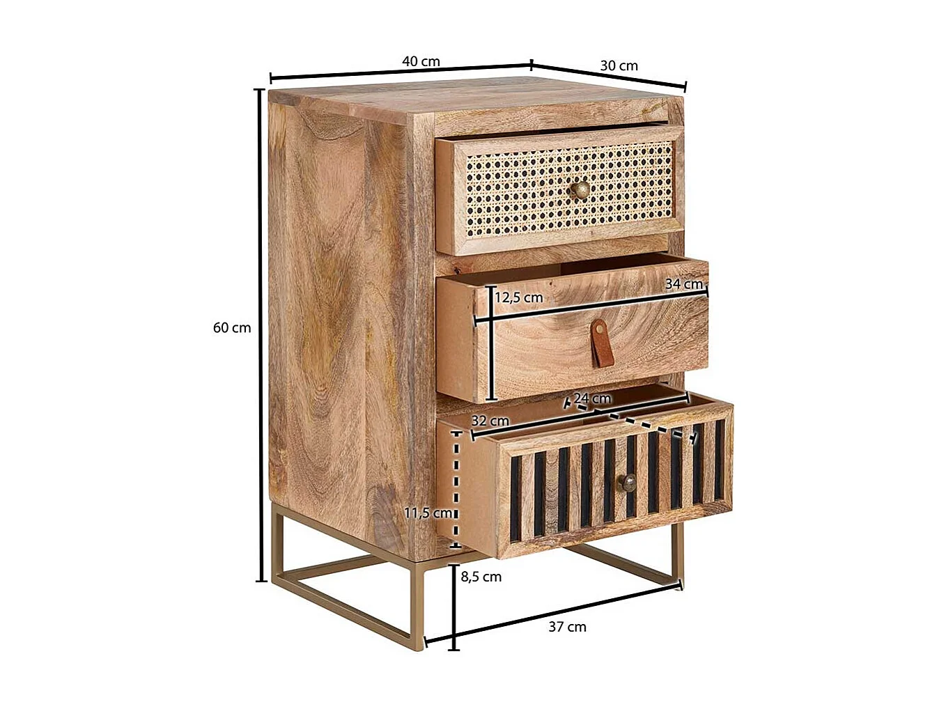 Nachttischschrank aus Mangobaum Massivholz drei Schubladen