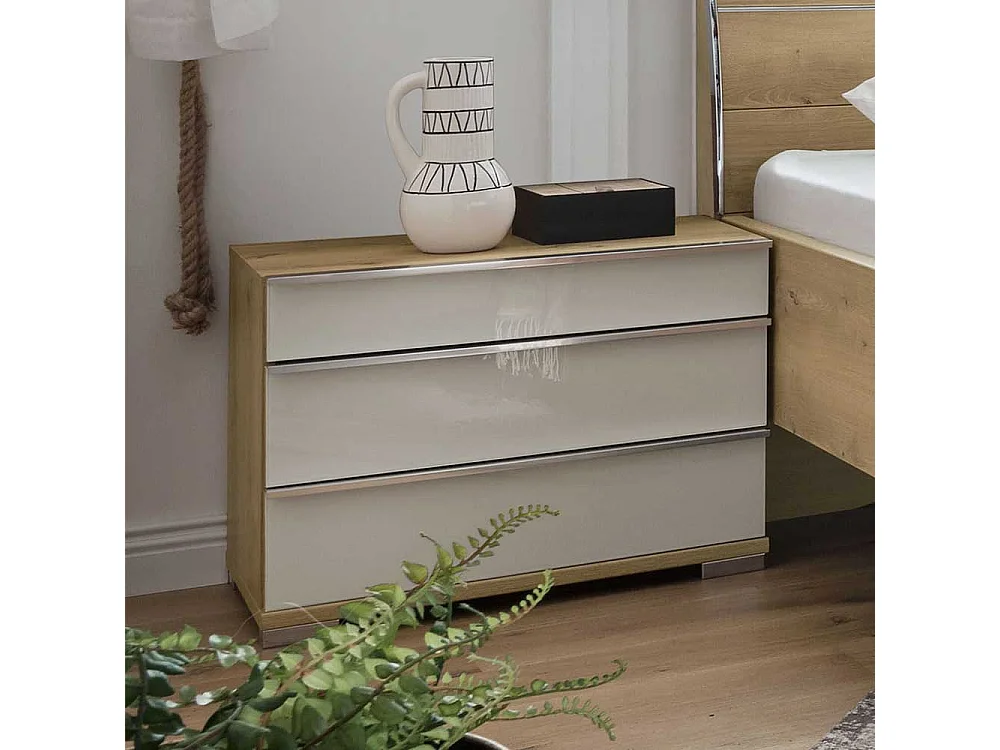 Nachtkommode in Weiß Glas beschichtet Eiche Bianco