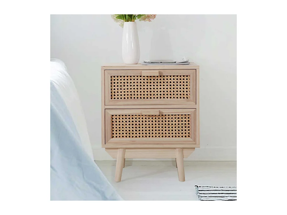 Nachttisch Kommode in Holz Naturfarben Rattan