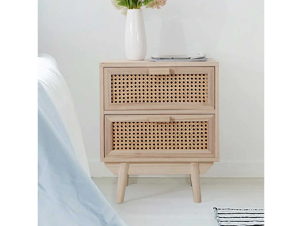Nachttisch Kommode in Holz Naturfarben Rattan