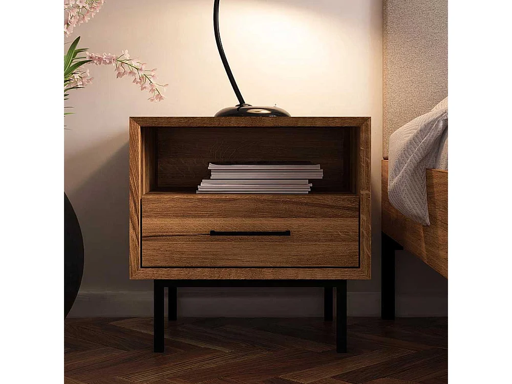 Nachttischschränkchen aus Wildeiche Massivholz Vierfußgestell aus Metall