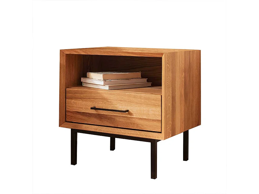 Nachttischschränkchen aus Wildeiche Massivholz Vierfußgestell aus Metall