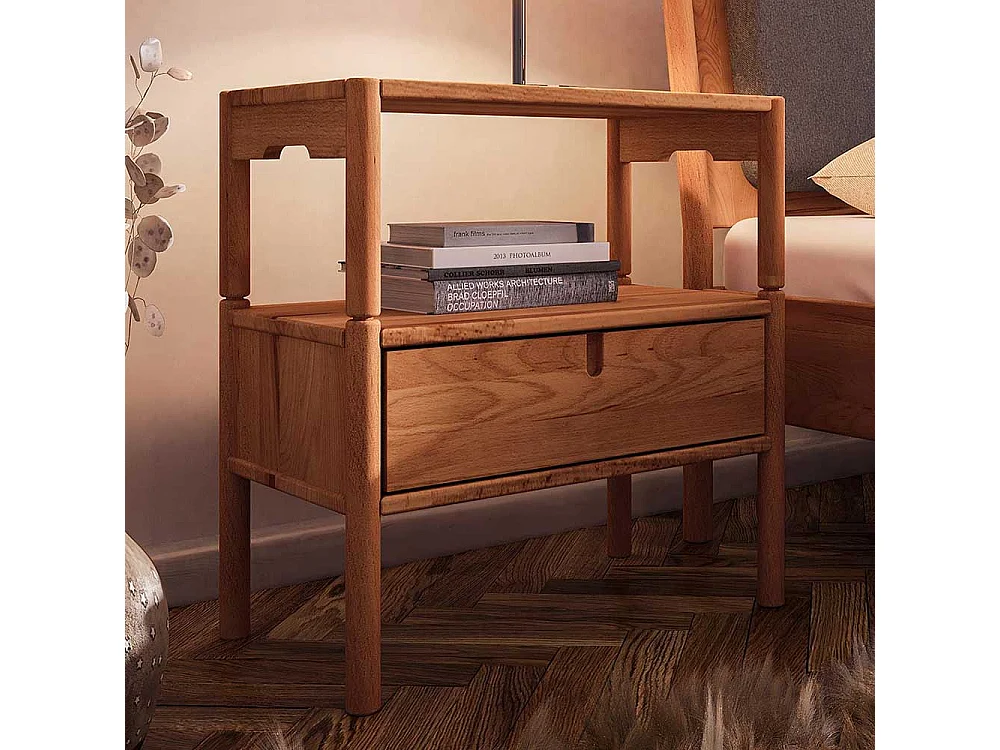 Nachttisch mit abnehmbarem Tablett aus Wildbuche Massivholz eine Schublade