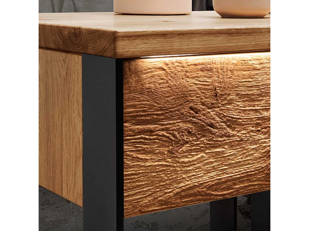 Nachttischkommode im Industry und Loft Stil Wildeiche Massivholz und Metall