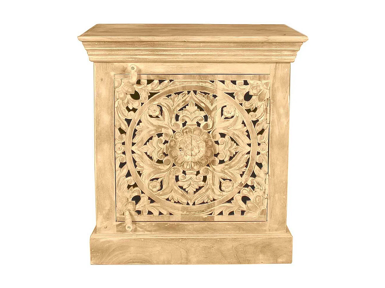 Vintage Design Bettkommode aus Mangobaum Sandfarben massiv floralen Schnitzereien