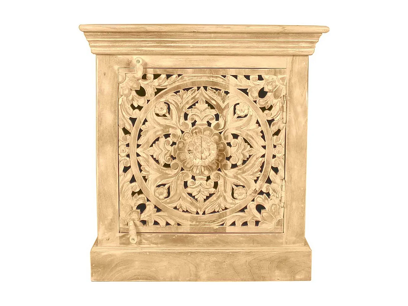 Vintage Design Bettkommode aus Mangobaum Sandfarben massiv floralen Schnitzereien