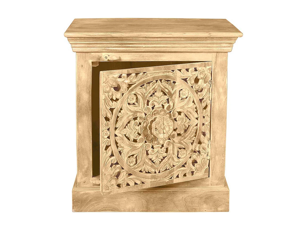 Vintage Design Bettkommode aus Mangobaum Sandfarben massiv floralen Schnitzereien