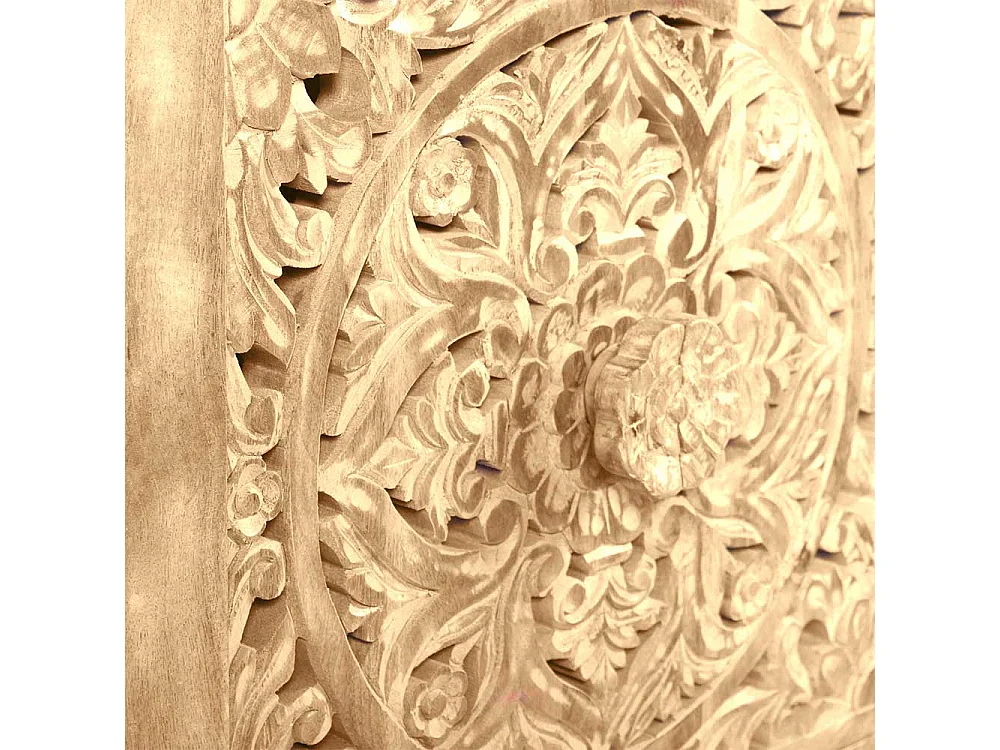 Vintage Design Bettkommode aus Mangobaum Sandfarben massiv floralen Schnitzereien