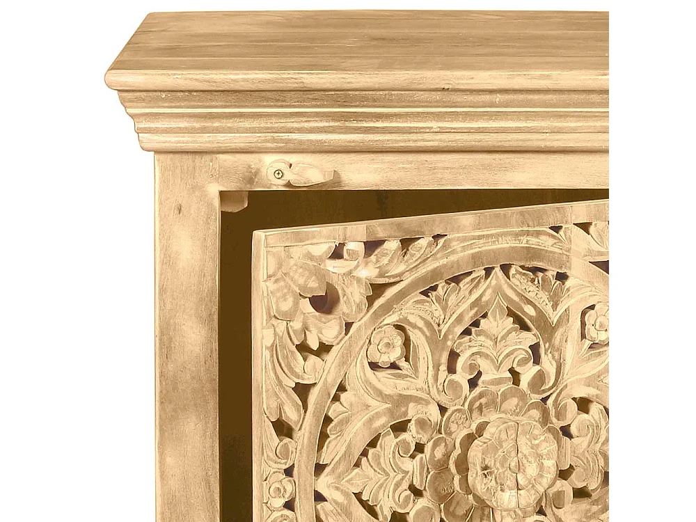 Vintage Design Bettkommode aus Mangobaum Sandfarben massiv floralen Schnitzereien