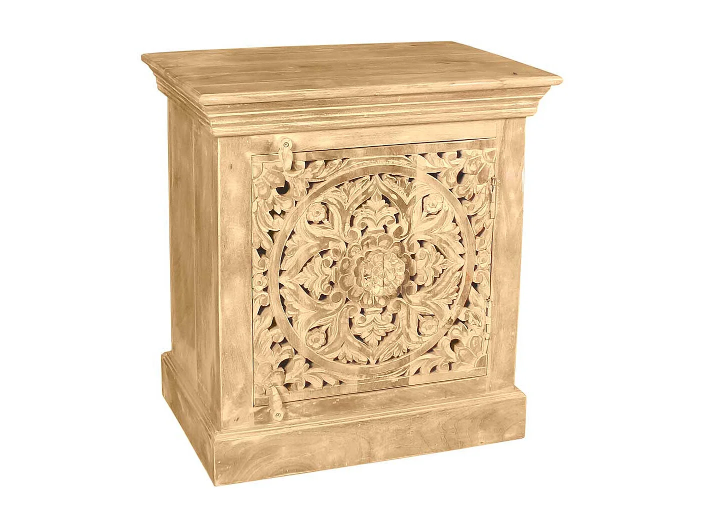 Vintage Design Bettkommode aus Mangobaum Sandfarben massiv floralen Schnitzereien