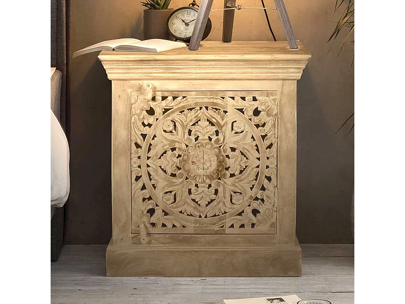 Vintage Design Bettkommode aus Mangobaum Sandfarben massiv floralen Schnitzereien