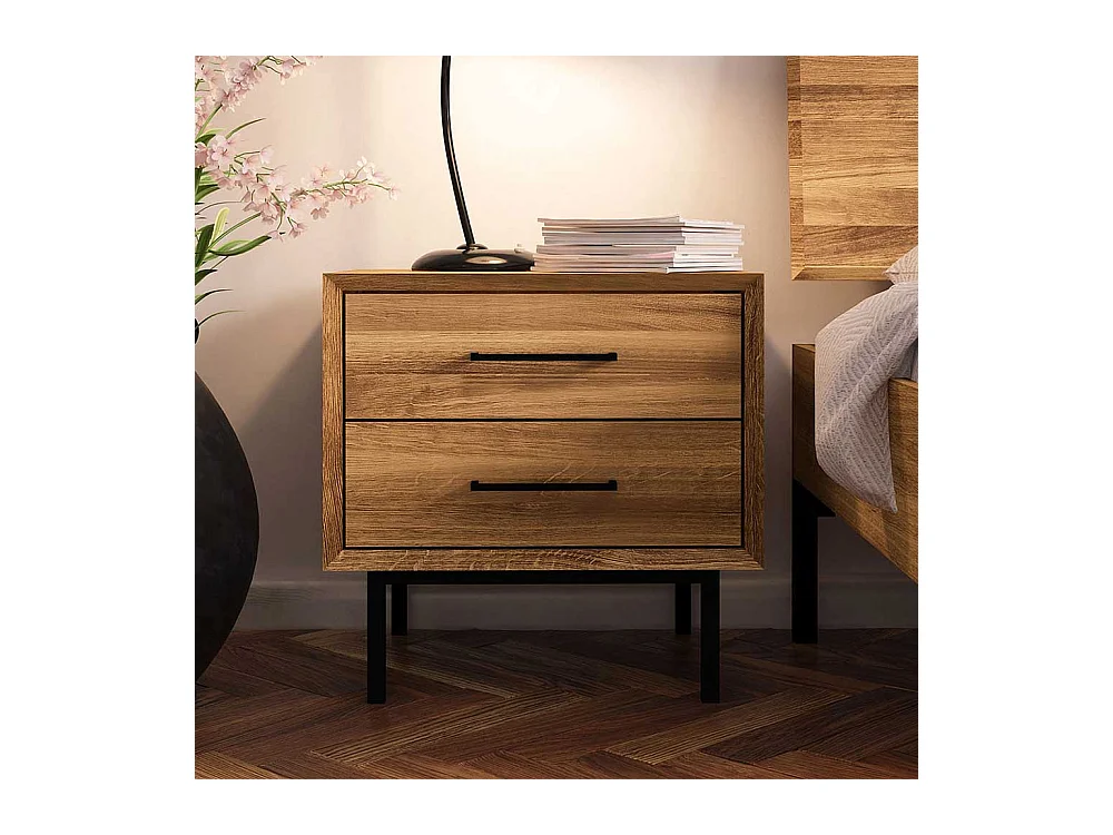 Wildeiche Bettkommode im Skandi Design zwei Schubladen