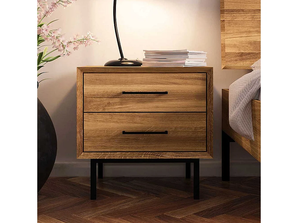 Wildeiche Bettkommode im Skandi Design zwei Schubladen