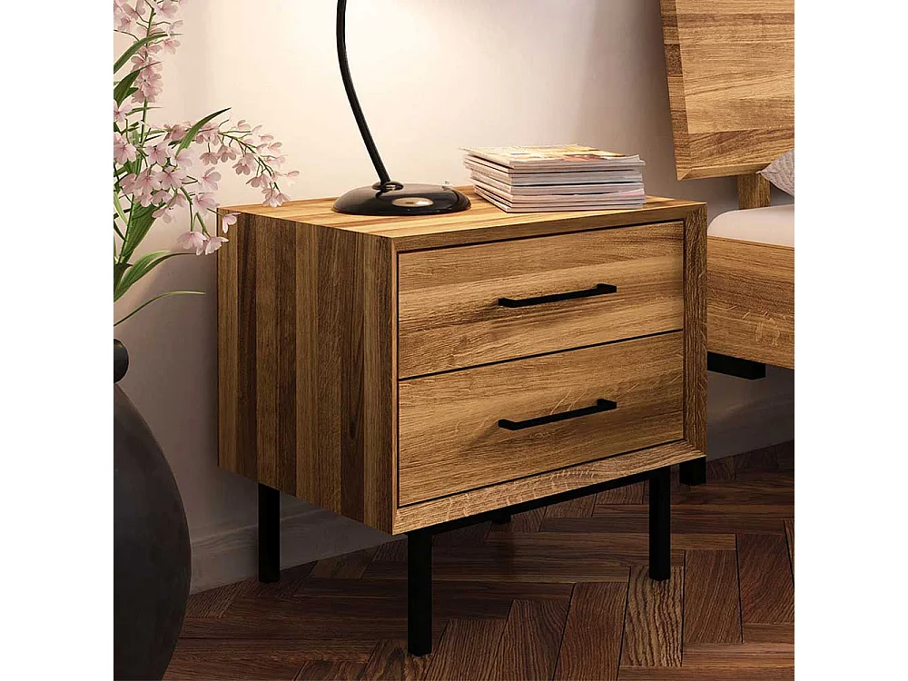 Wildeiche Bettkommode im Skandi Design zwei Schubladen