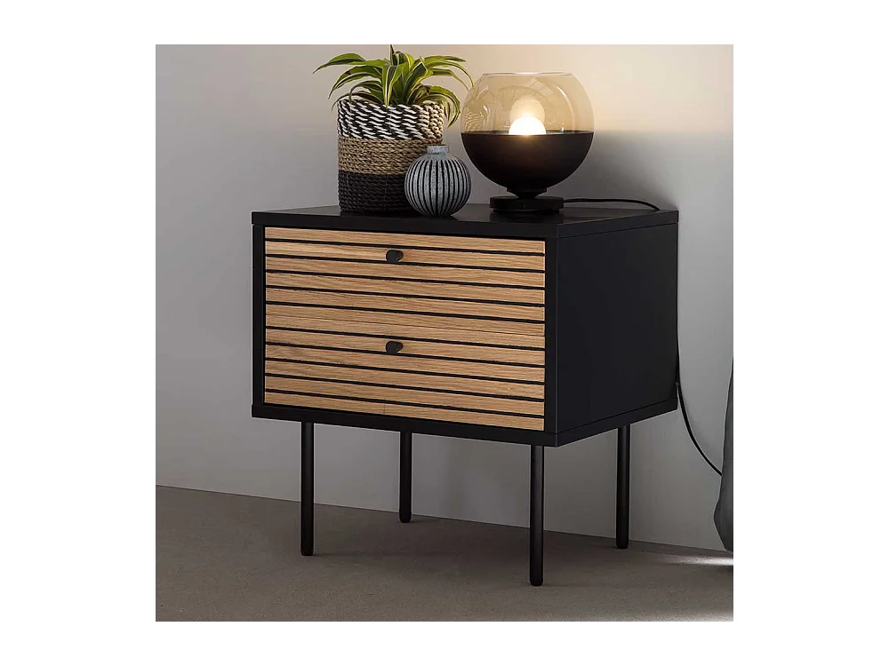 Nachtkommode in Eichefarben und Schwarz Vierfußgestell