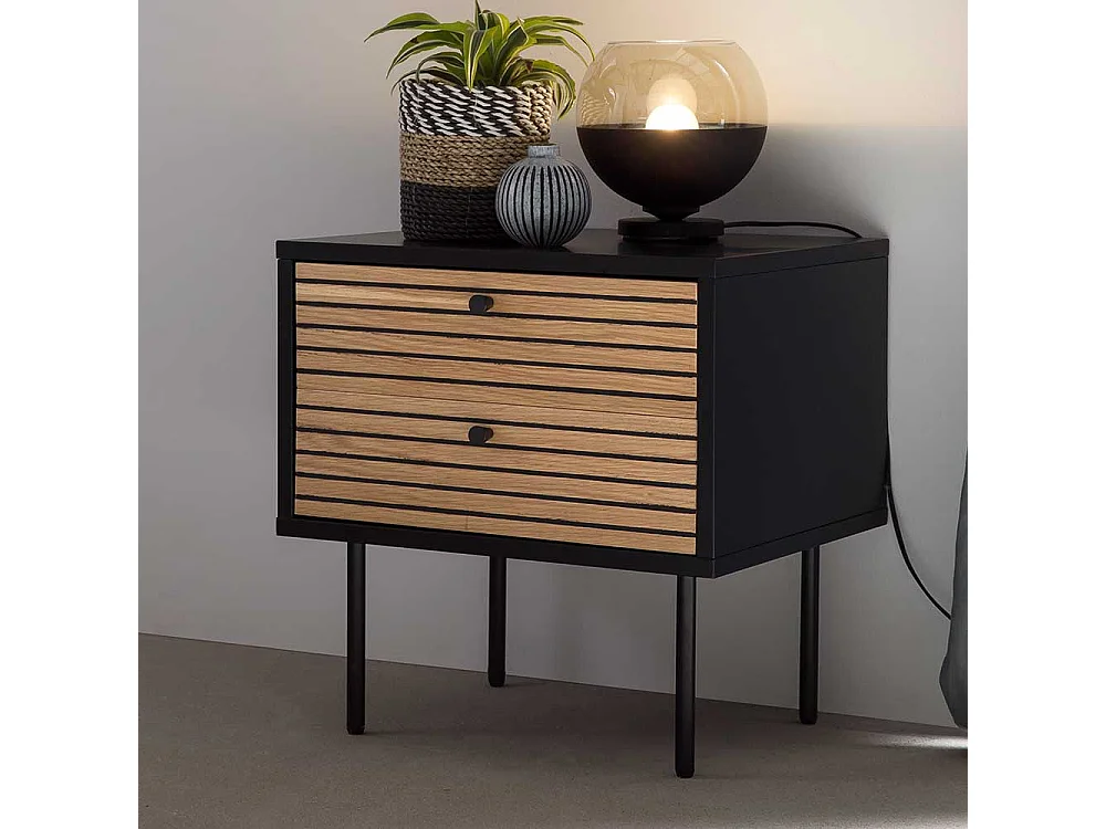 Nachtkommode in Eichefarben und Schwarz Vierfußgestell