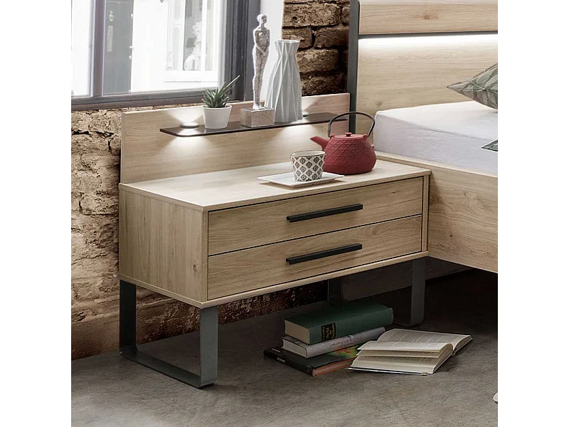 Nachttisch in Eiche Optik und Dunkelgrau LED Beleuchtung