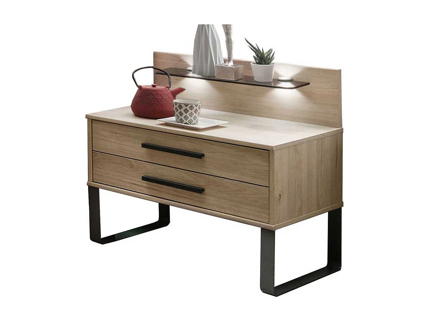 Nachttisch in Eiche Optik und Dunkelgrau LED Beleuchtung