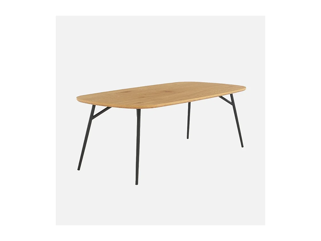 Mesa de centro rectangular con patas de metal negro y efecto roble