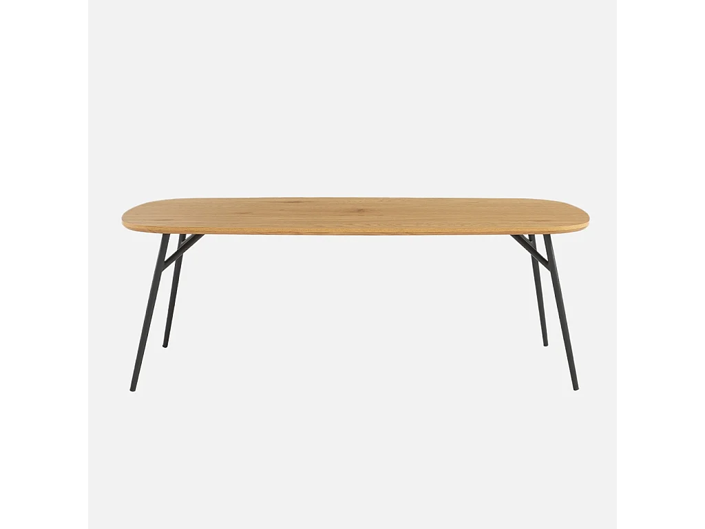 Mesa de centro rectangular con patas de metal negro y efecto roble