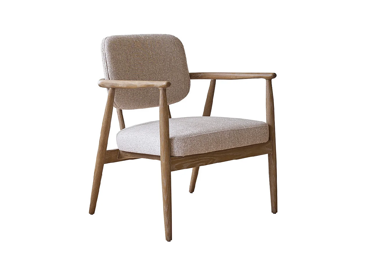 Poltrona in legno di quercia con tessuto beige screziato